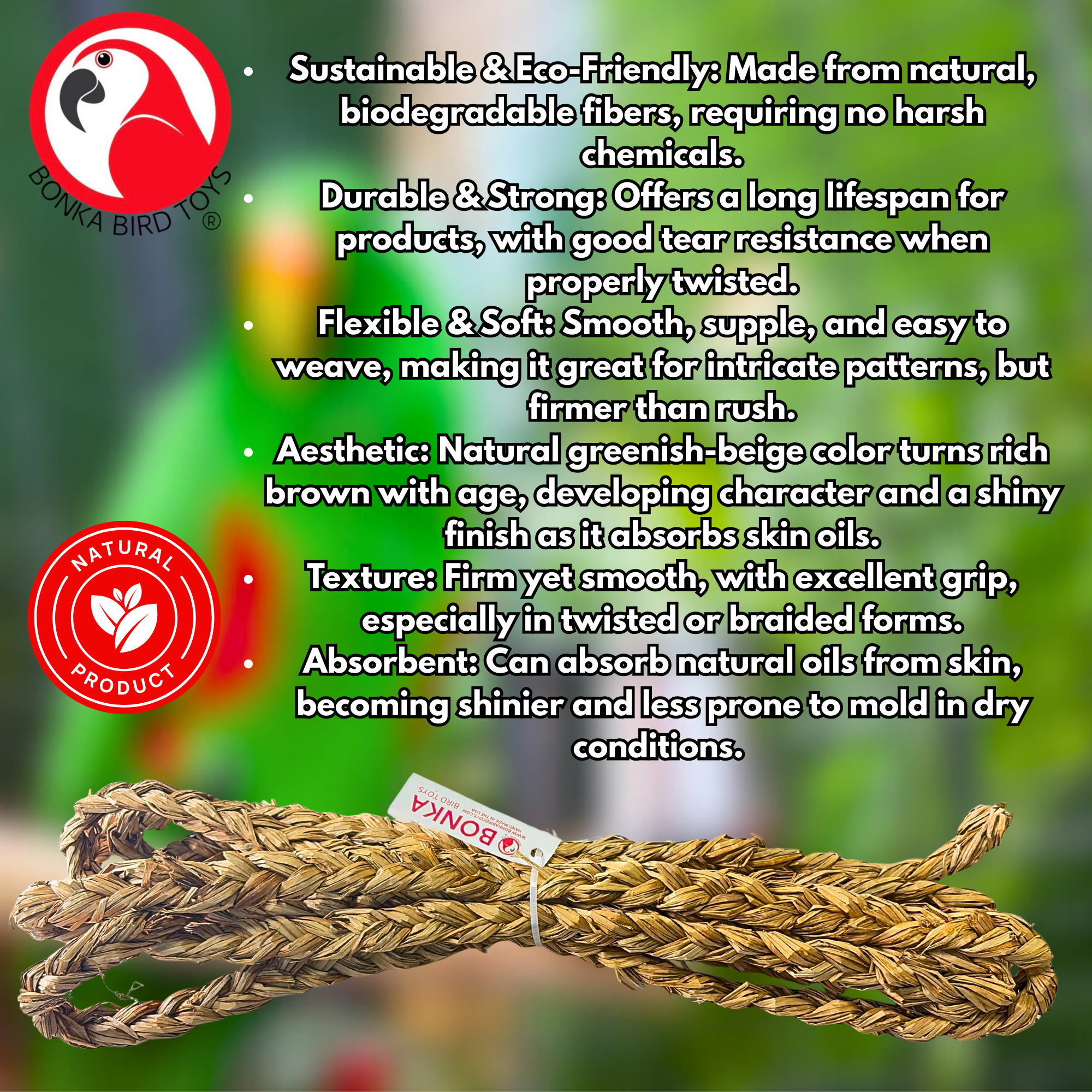 1459 Big Braided Seagrass Rope 15ft - Bonka Bird Toys