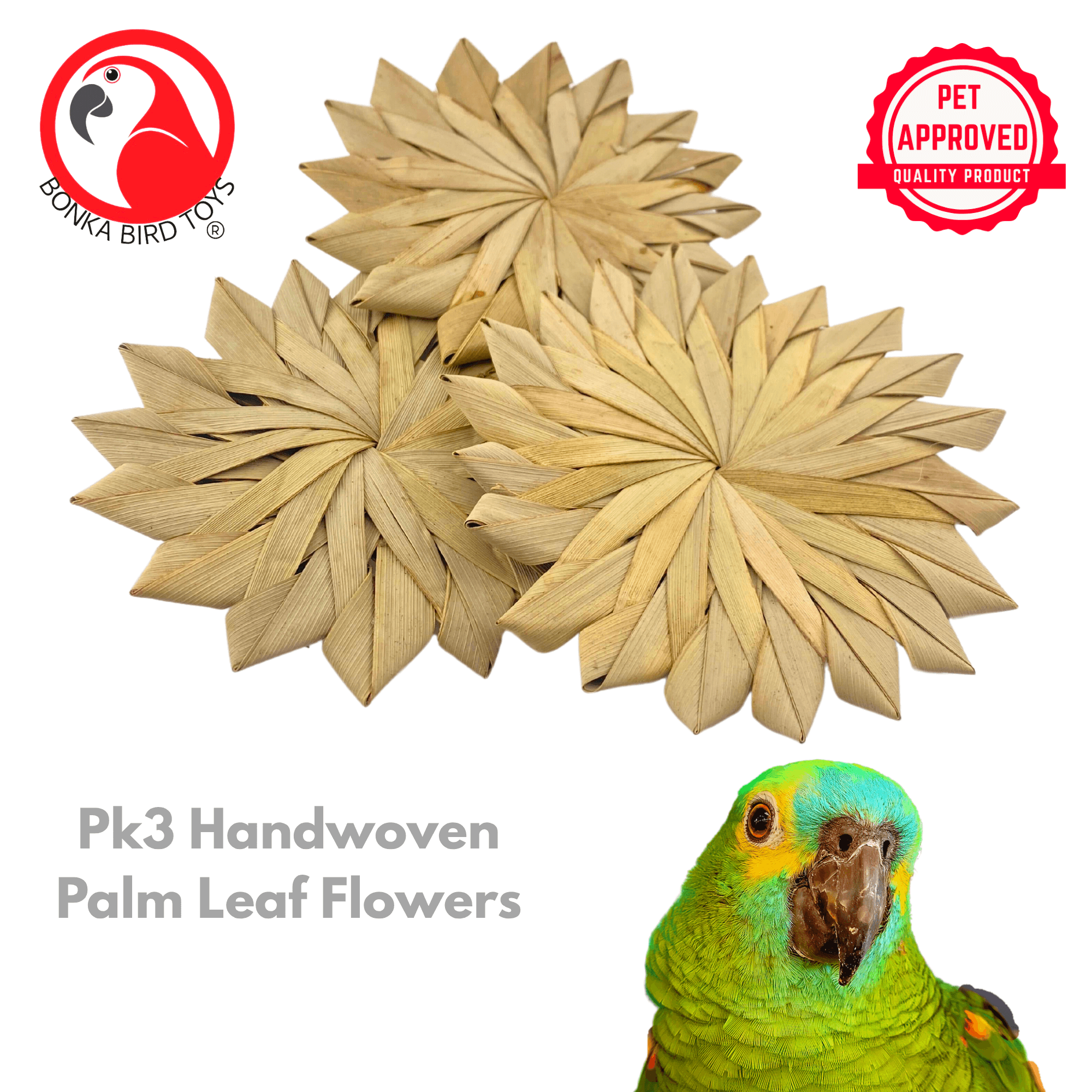 3347 Pk3 Large 4" Woven Palm Leaf Flowers - Bonka Bird Toys
