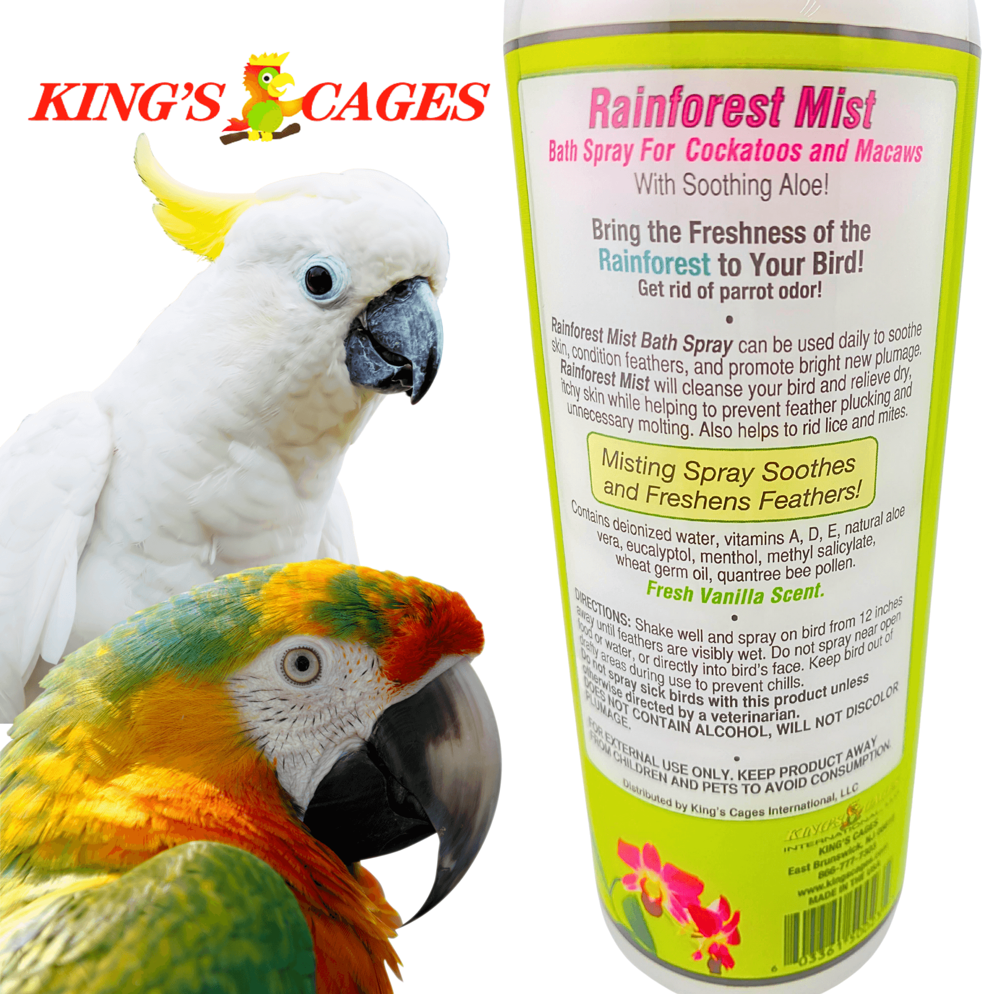 Rainforest Mist White 17oz Bath Spray Cockatoos and Macaws - Bonka Bird Toys