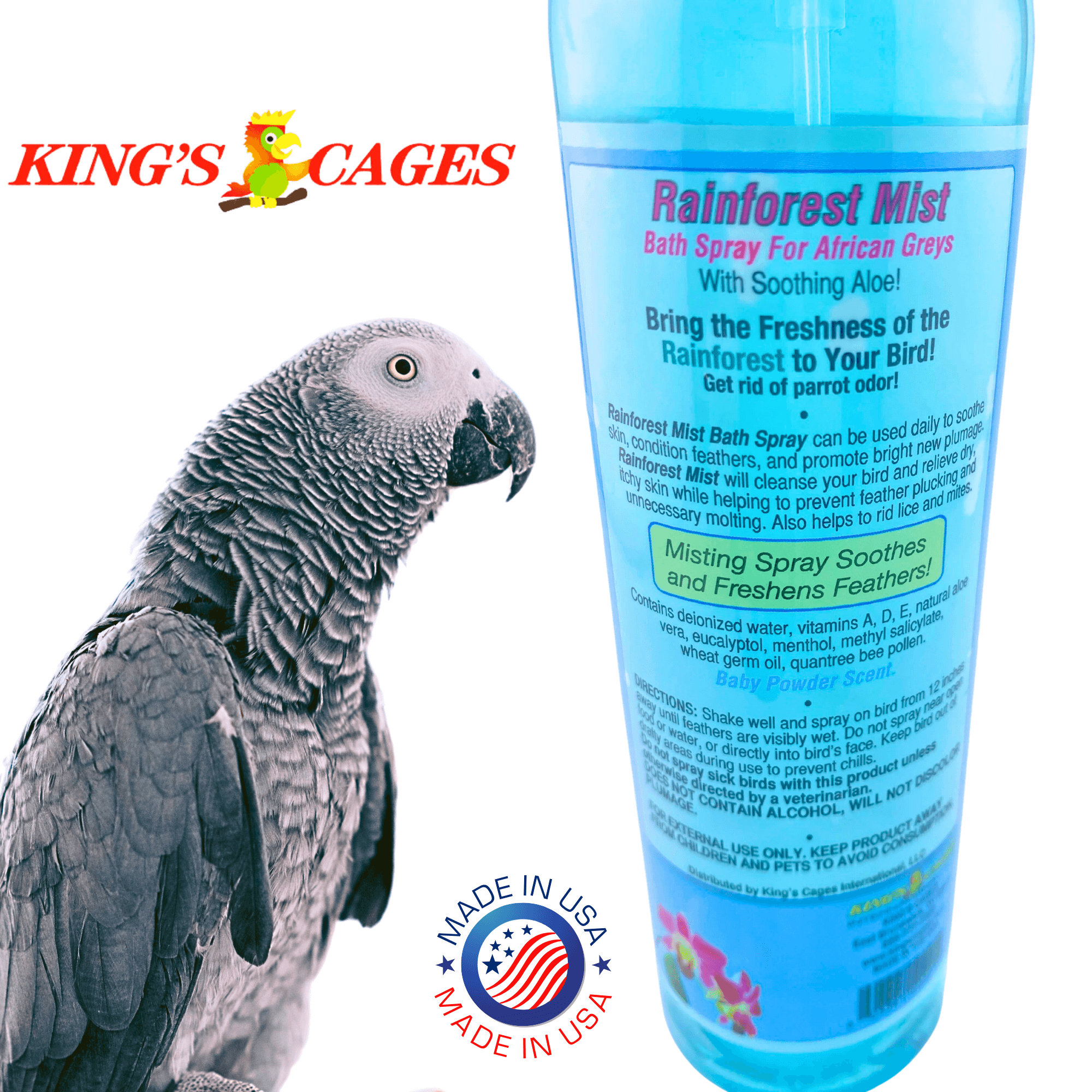 Kings Cages Blue Rainforest Mist Bath Spray for African Greys 8 oz - Bonka Bird Toys