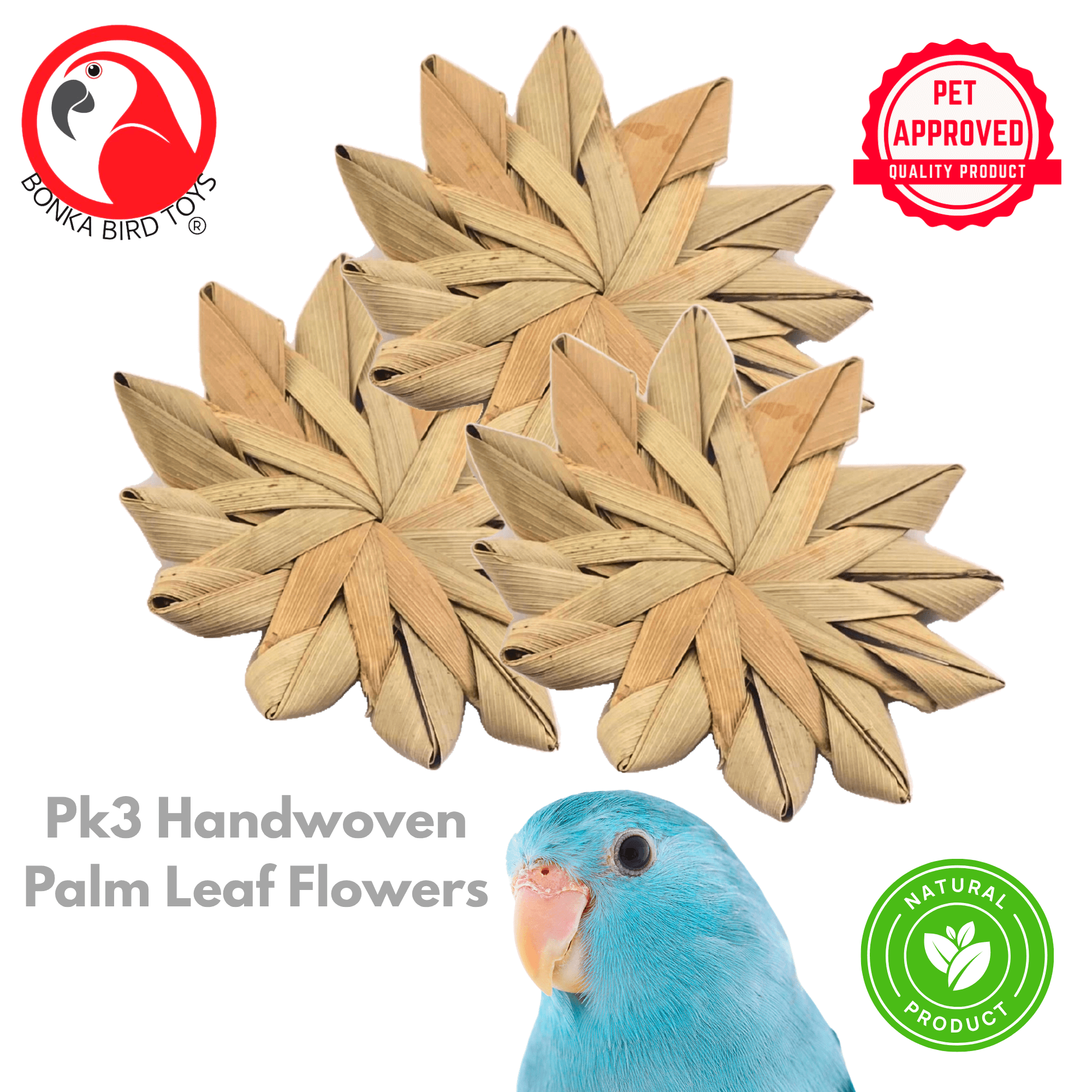 1271 Pk3 Woven 3" Palm Flowers - Bonka Bird Toys