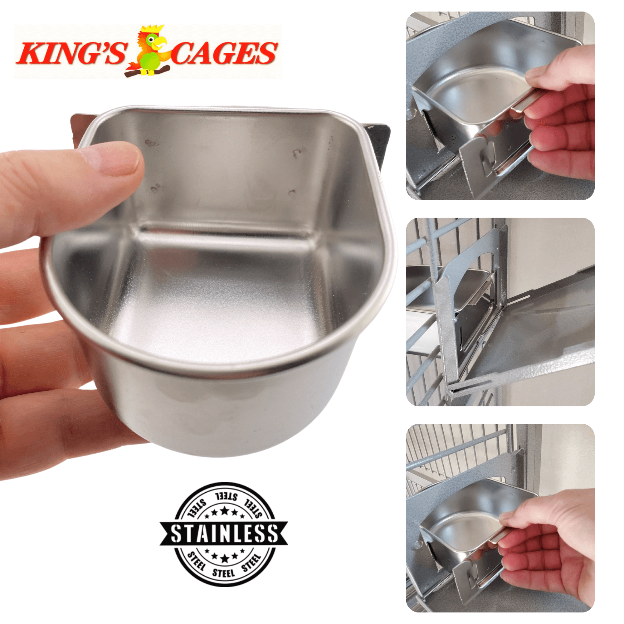 Kings Cages Stainless Steel "D" Cups 8-10-20 Ounce Treat-Seed-Water Feeders - Bonka Bird Toys