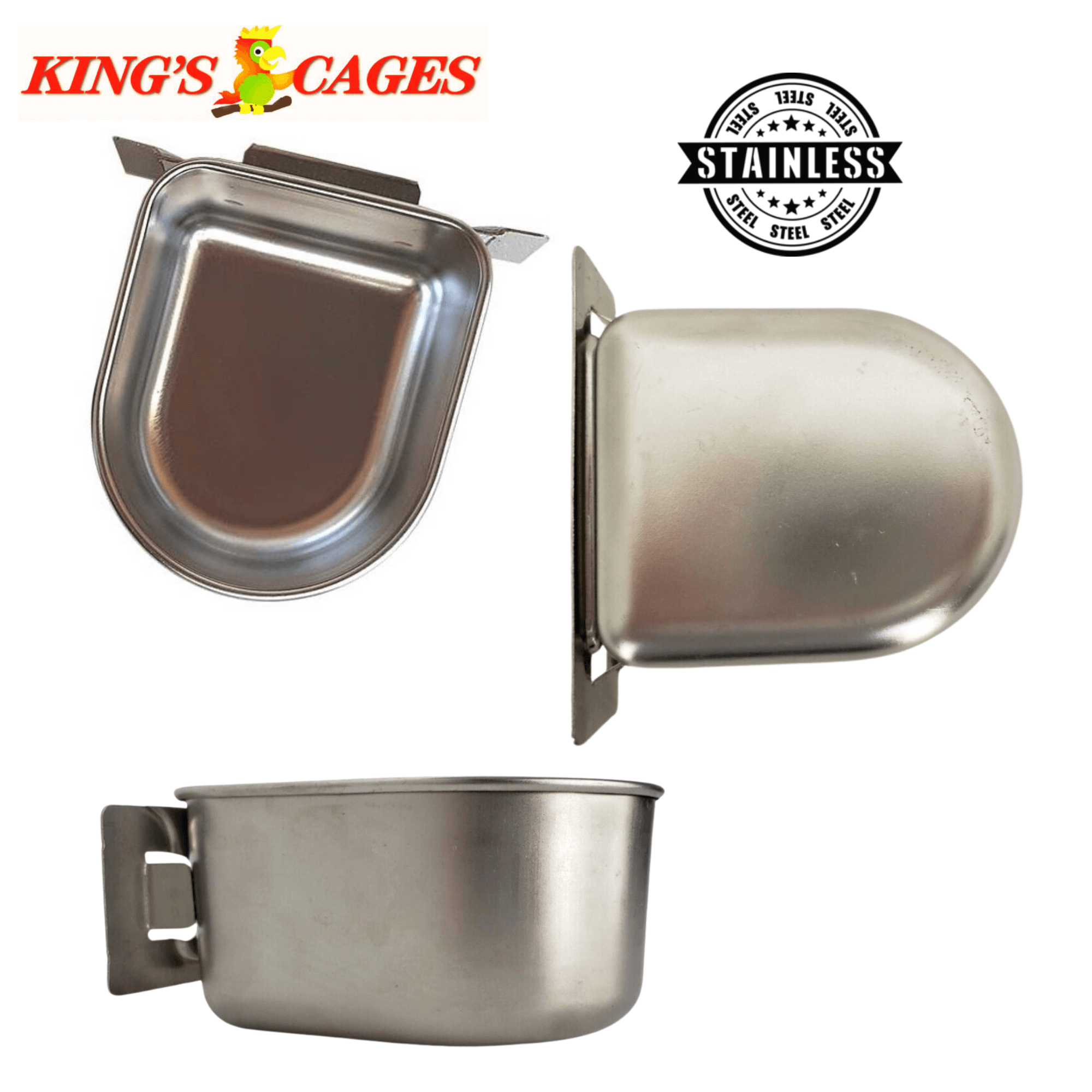 Kings Cages Stainless Steel "D" Cups 8-10-20 Ounce Treat-Seed-Water Feeders - Bonka Bird Toys
