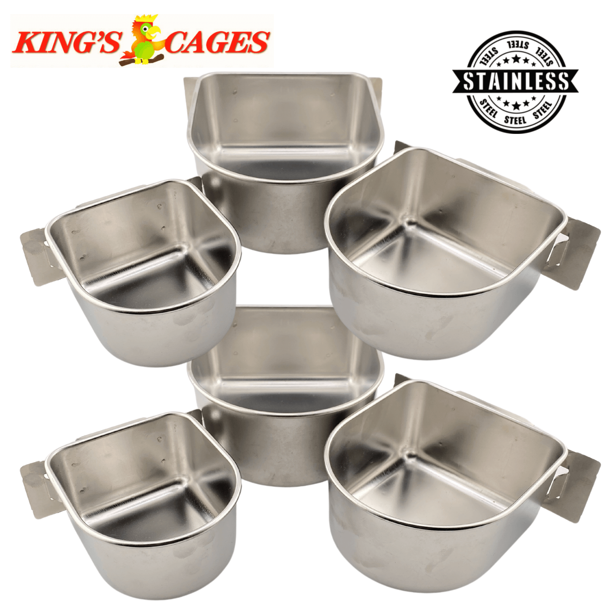 Kings Cages Stainless Steel "D" Cups 8-10-20 Ounce Treat-Seed-Water Feeders - Bonka Bird Toys