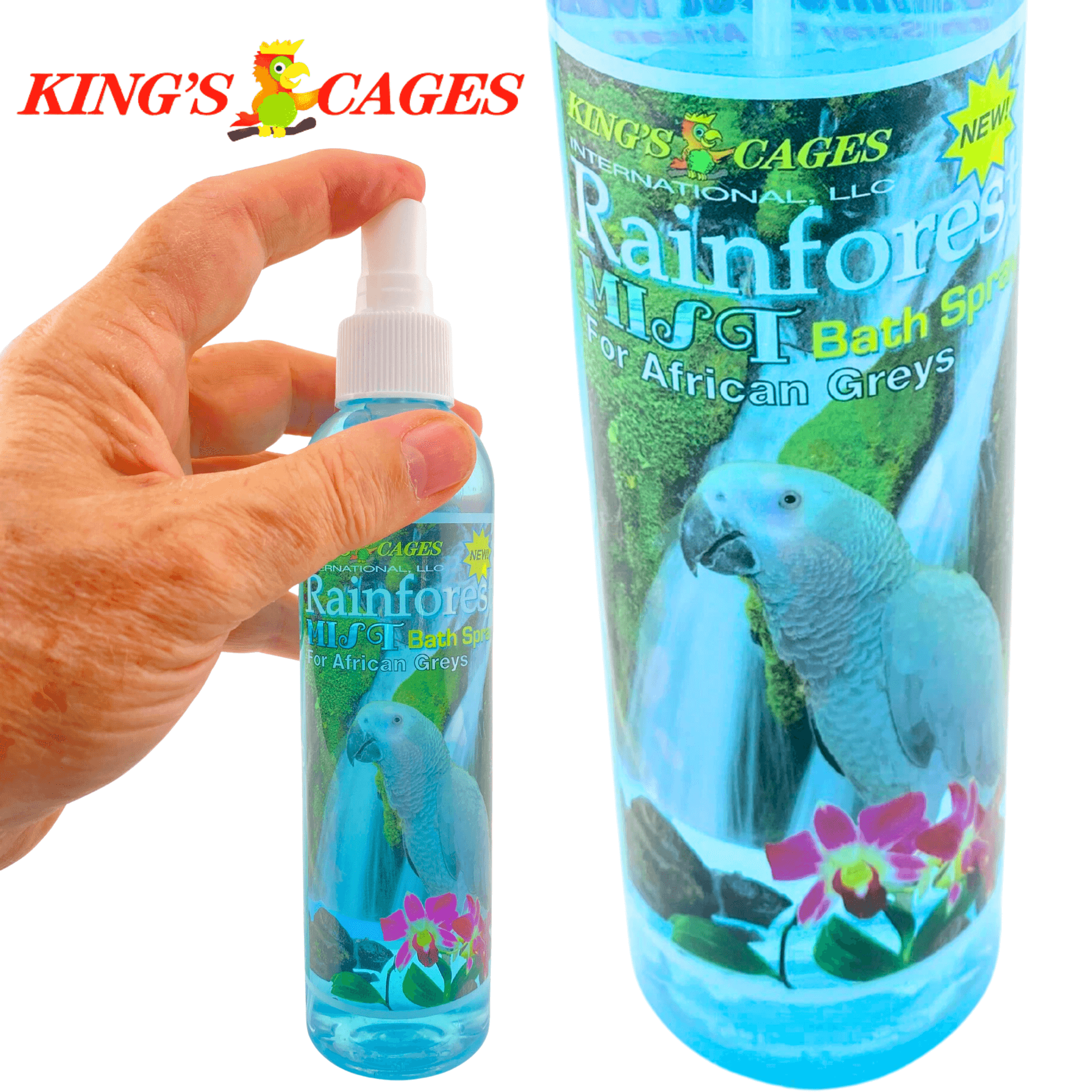 Kings Cages Blue Rainforest Mist Bath Spray for African Greys 8 oz - Bonka Bird Toys