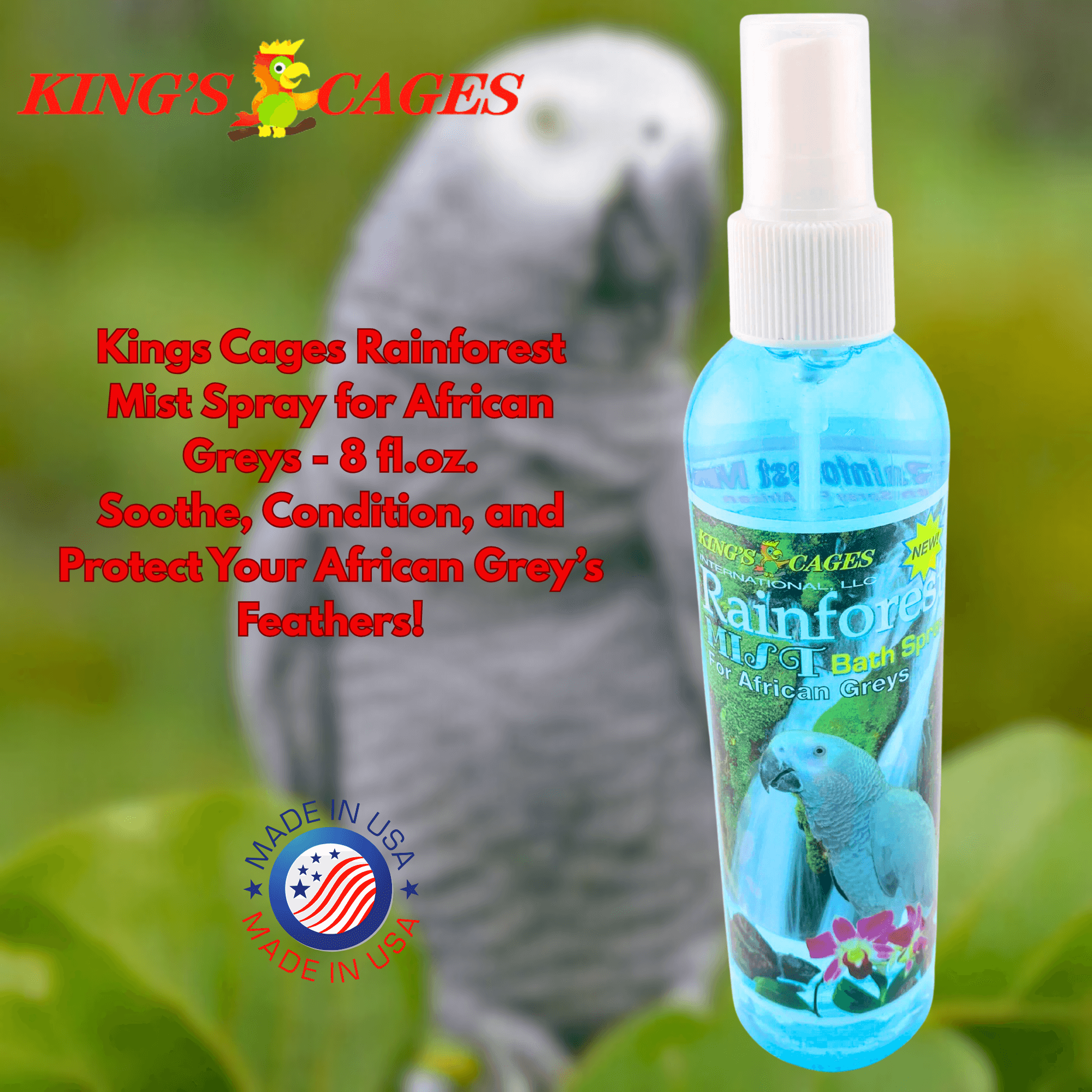 Kings Cages Blue Rainforest Mist Bath Spray for African Greys 8 oz - Bonka Bird Toys