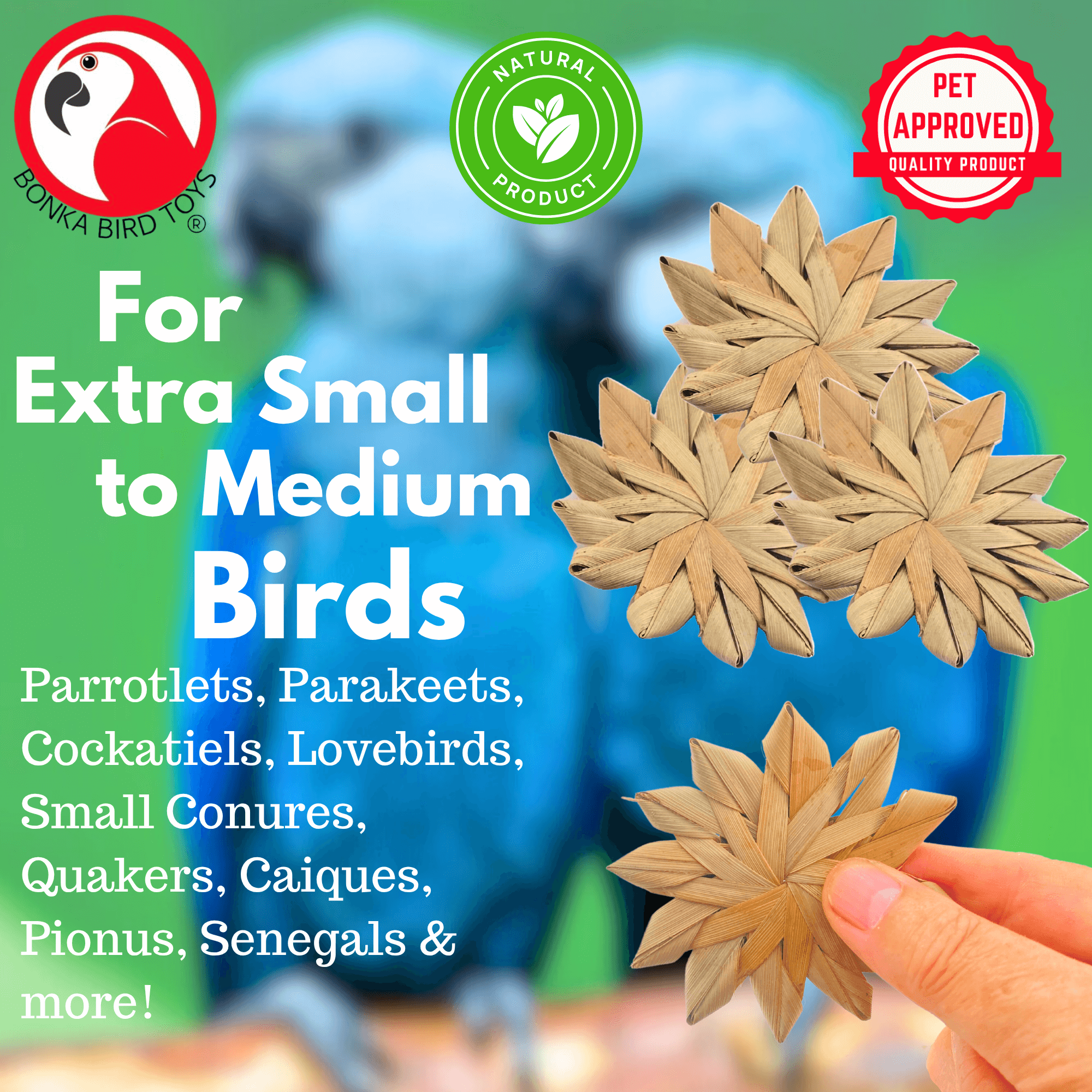 1271 Pk3 Woven 3" Palm Flowers - Bonka Bird Toys