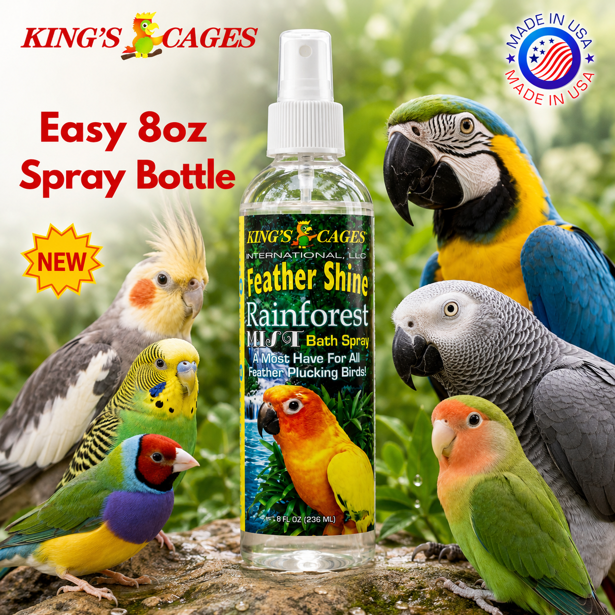 Kings Cages Rainforest Mist Feather Shine Bath Spray For 8oz - Bonka Bird Toys