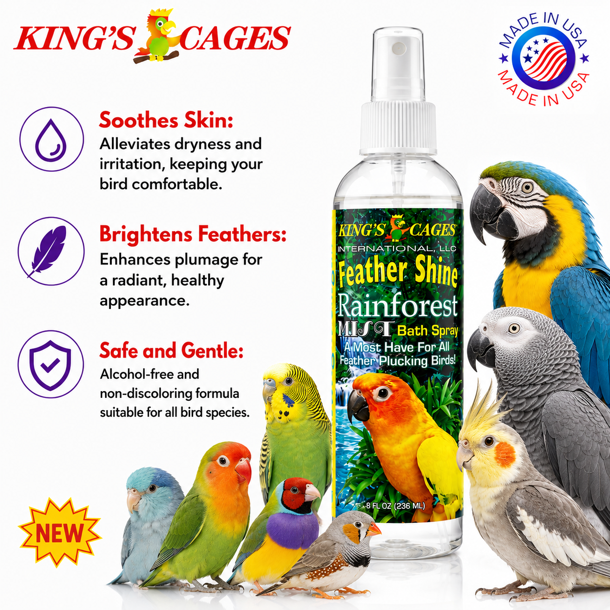 Kings Cages Rainforest Mist Feather Shine Bath Spray For 8oz - Bonka Bird Toys