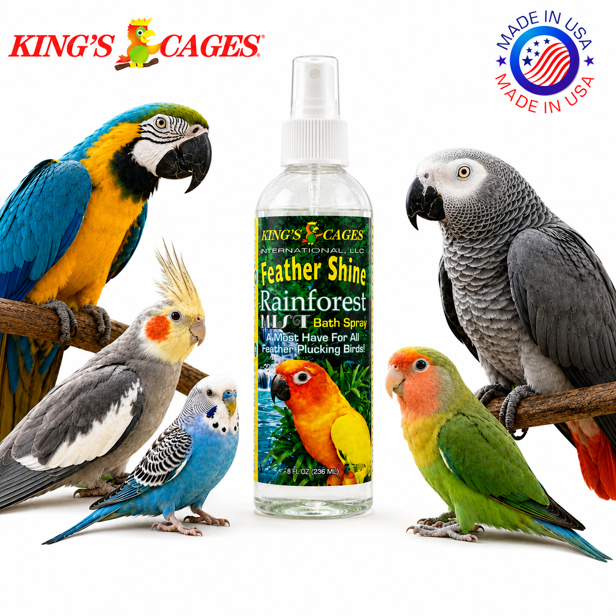 Kings Cages Rainforest Mist Feather Shine Bath Spray 8oz - Bonka Bird Toys