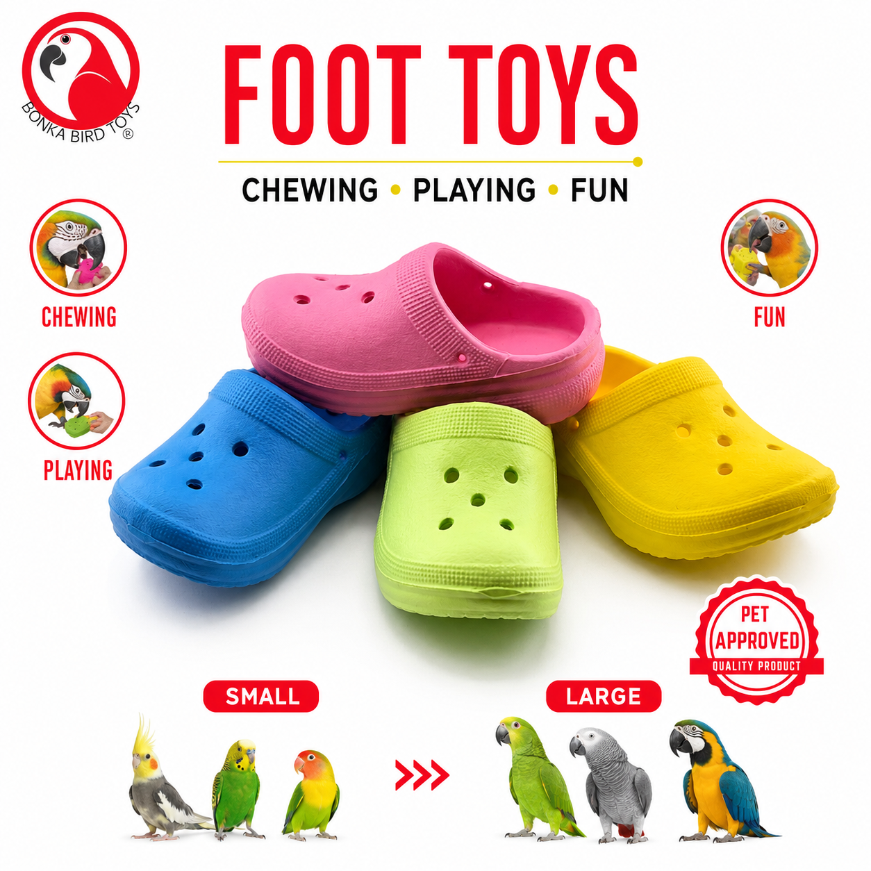 Colorful plastic foot toys for parrots, promoting chewing, playing, and fun in small and large sizes.