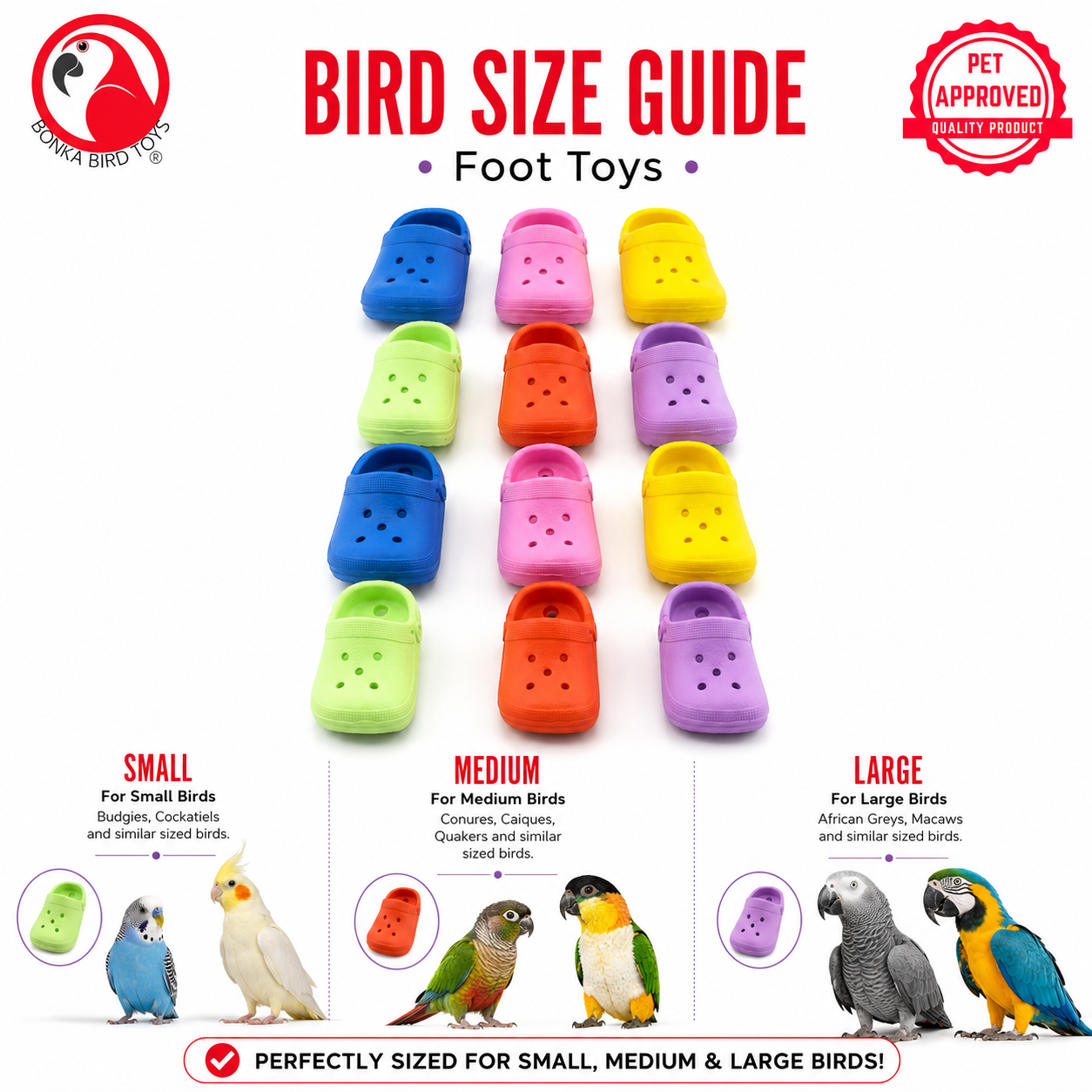 Colorful foot toys for small, medium, and large birds β safe, sized parrot enrichment with plastic clogs