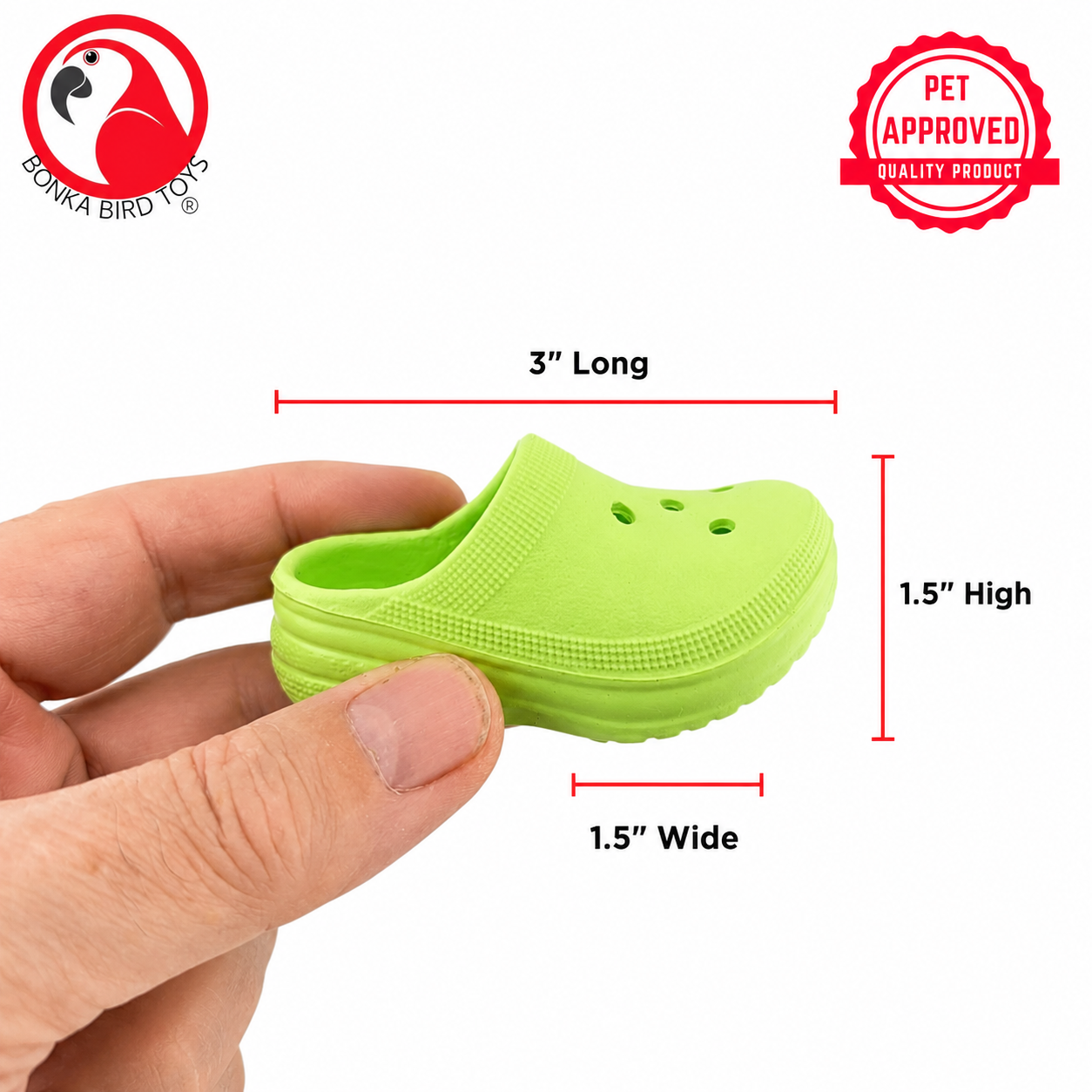 Bright green rubber bird toy shaped like a clog, 3 inches long, for parrot enrichment and safe chewing.