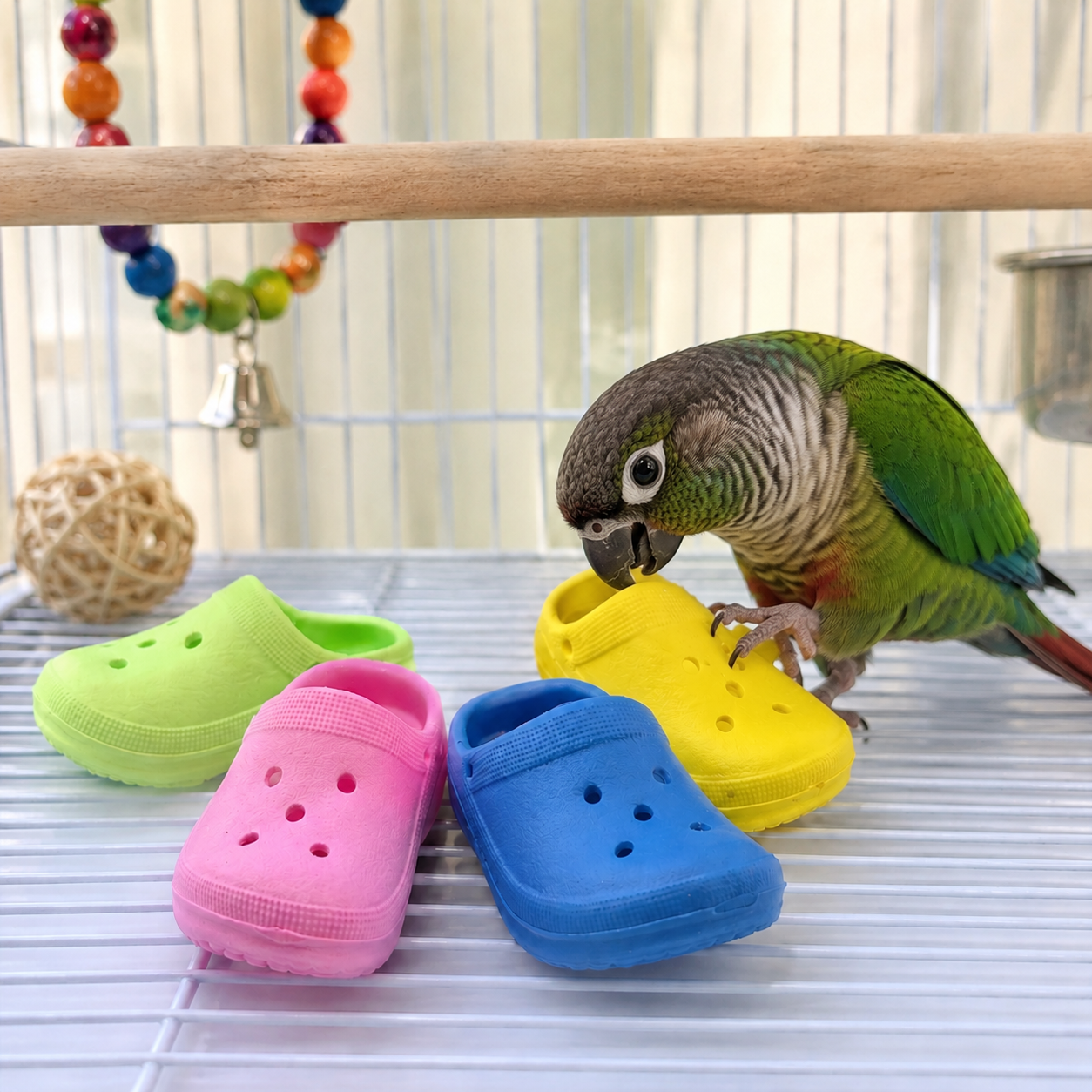Green parrot playing with colorful plastic clog bird toys inside cage