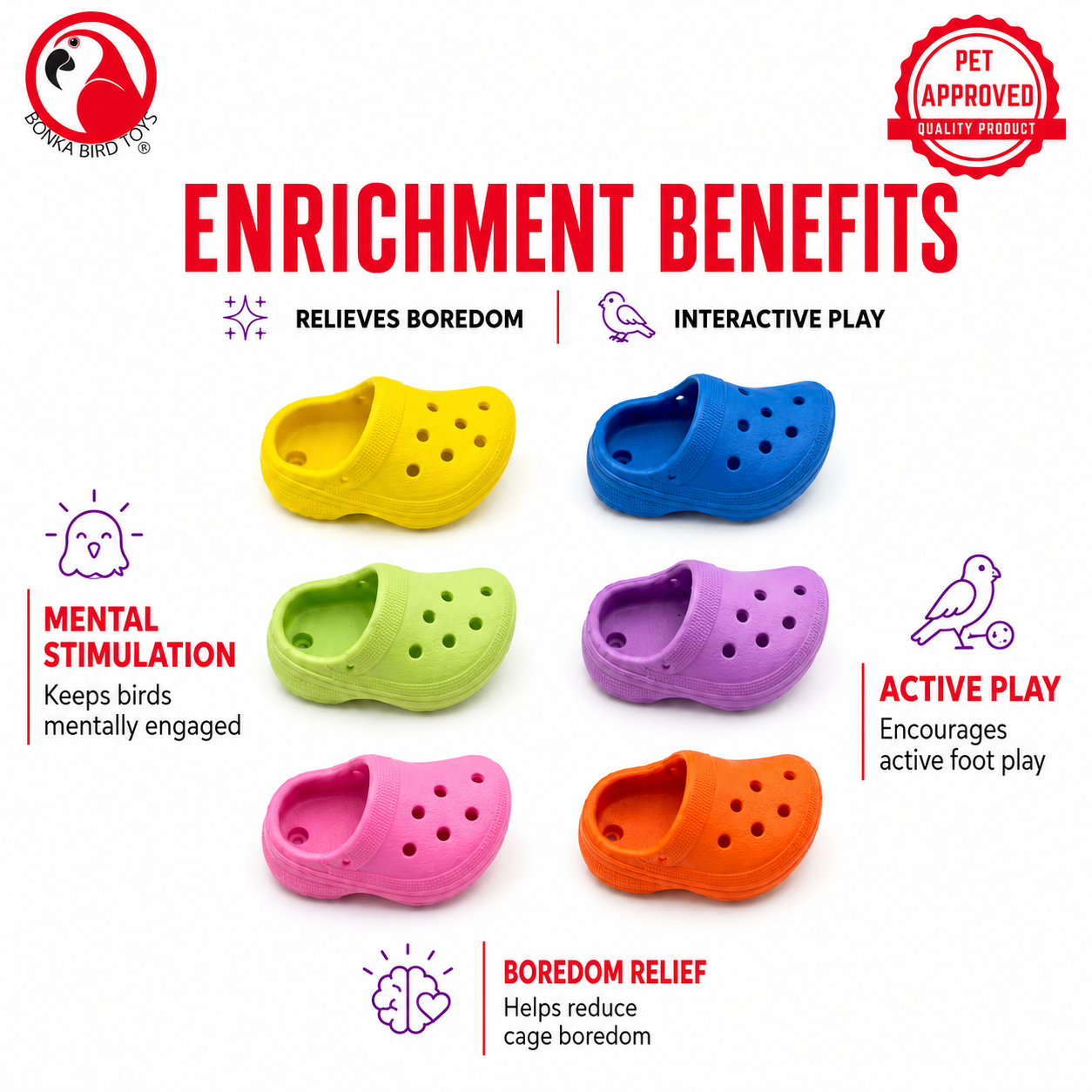 Colorful plastic bird toy clogs for parrot enrichment, mental stimulation, and active foot play