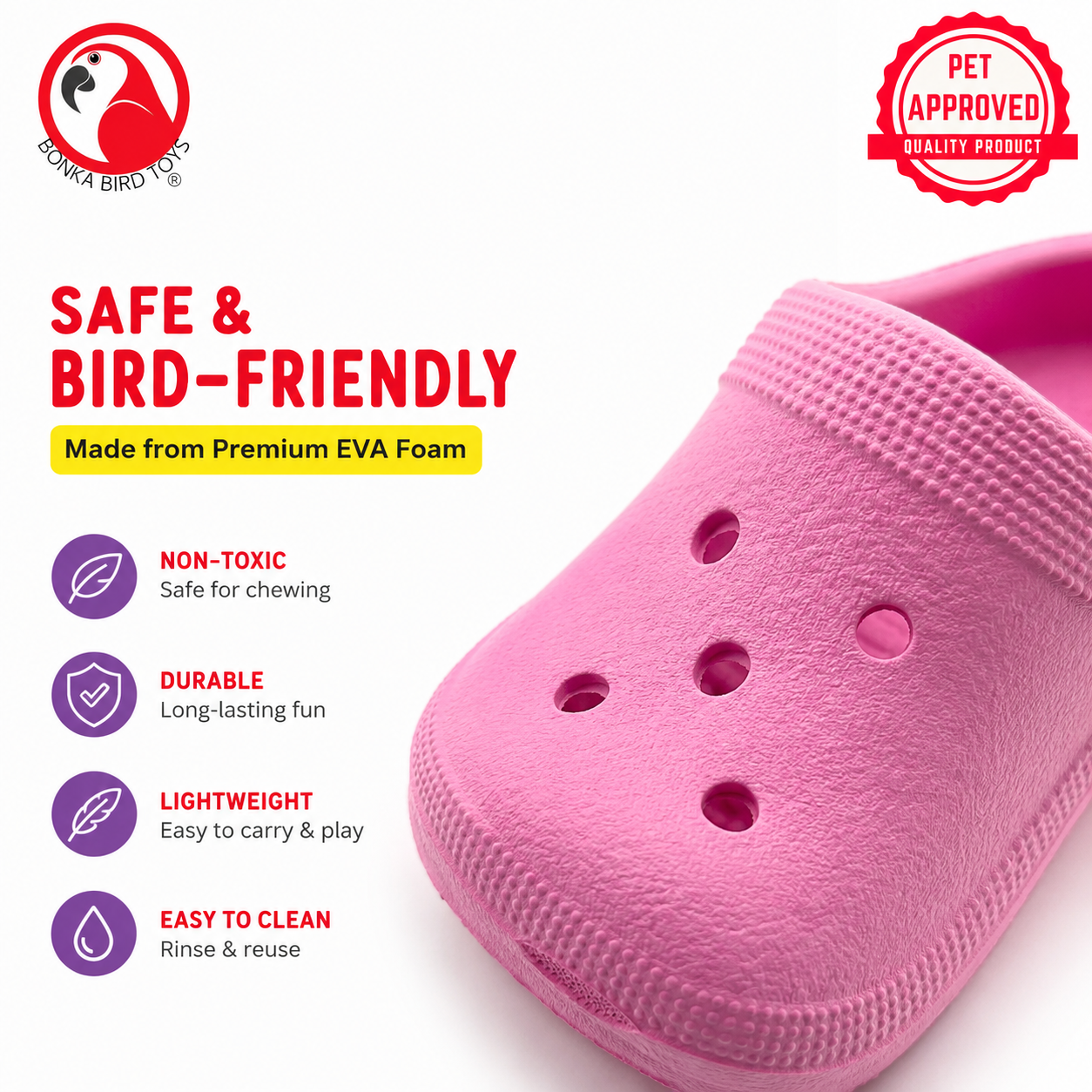 Pink EVA foam bird toy shoe for chewing, lightweight and durable parrot enrichment