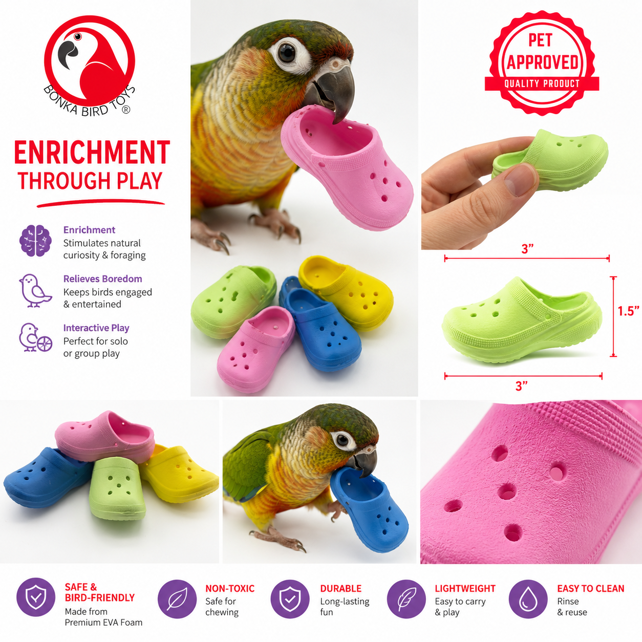 Parrot playing with colorful EVA foam bird toy clogs, safe for chewing, 3 inches long