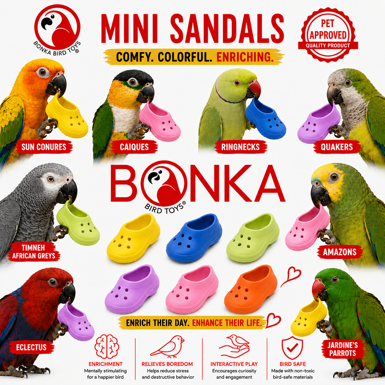 Colorful mini sandal bird toys for parrots, made with bird-safe materials, shown with Sun Conures, Caiques, Ringnecks, and more.