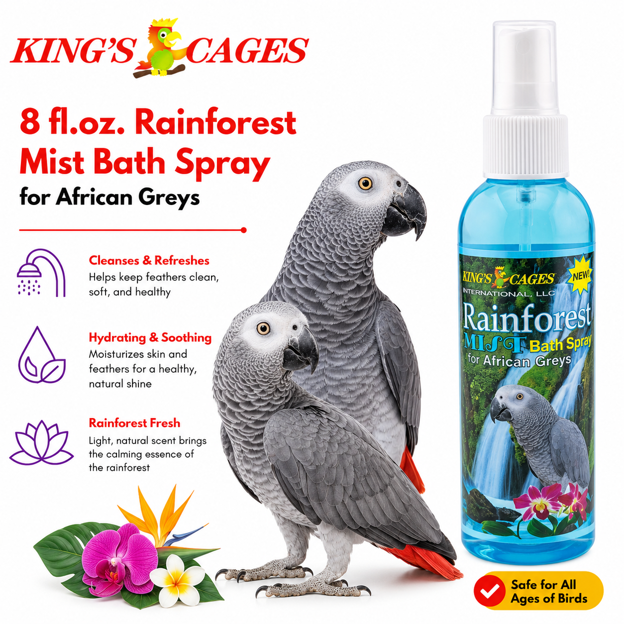 Kings Cages Blue Rainforest Mist Bath Spray for African Greys 8 oz - Bonka Bird Toys