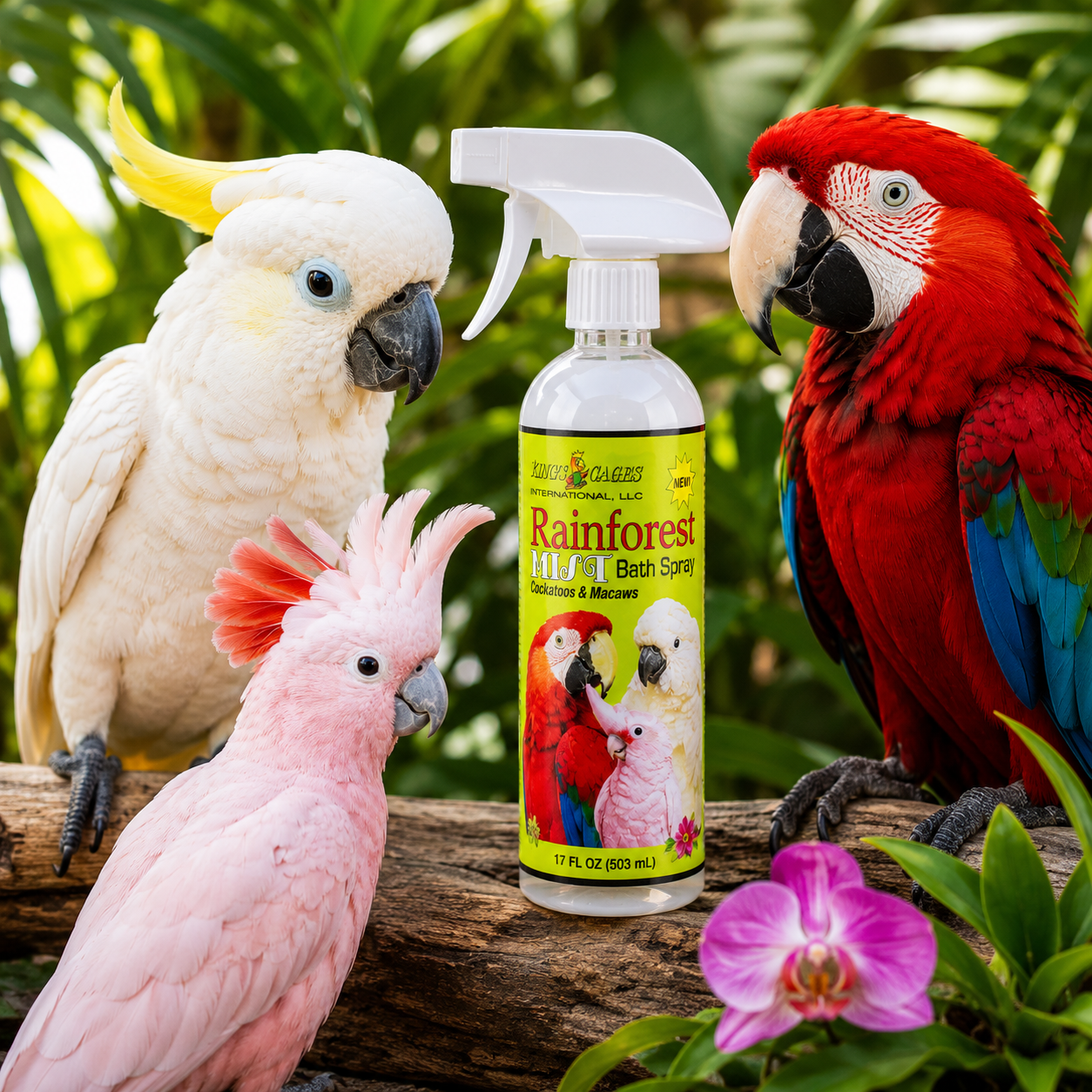 Rainforest Mist White 17oz Bath Spray Cockatoos and Macaws - Bonka Bird Toys