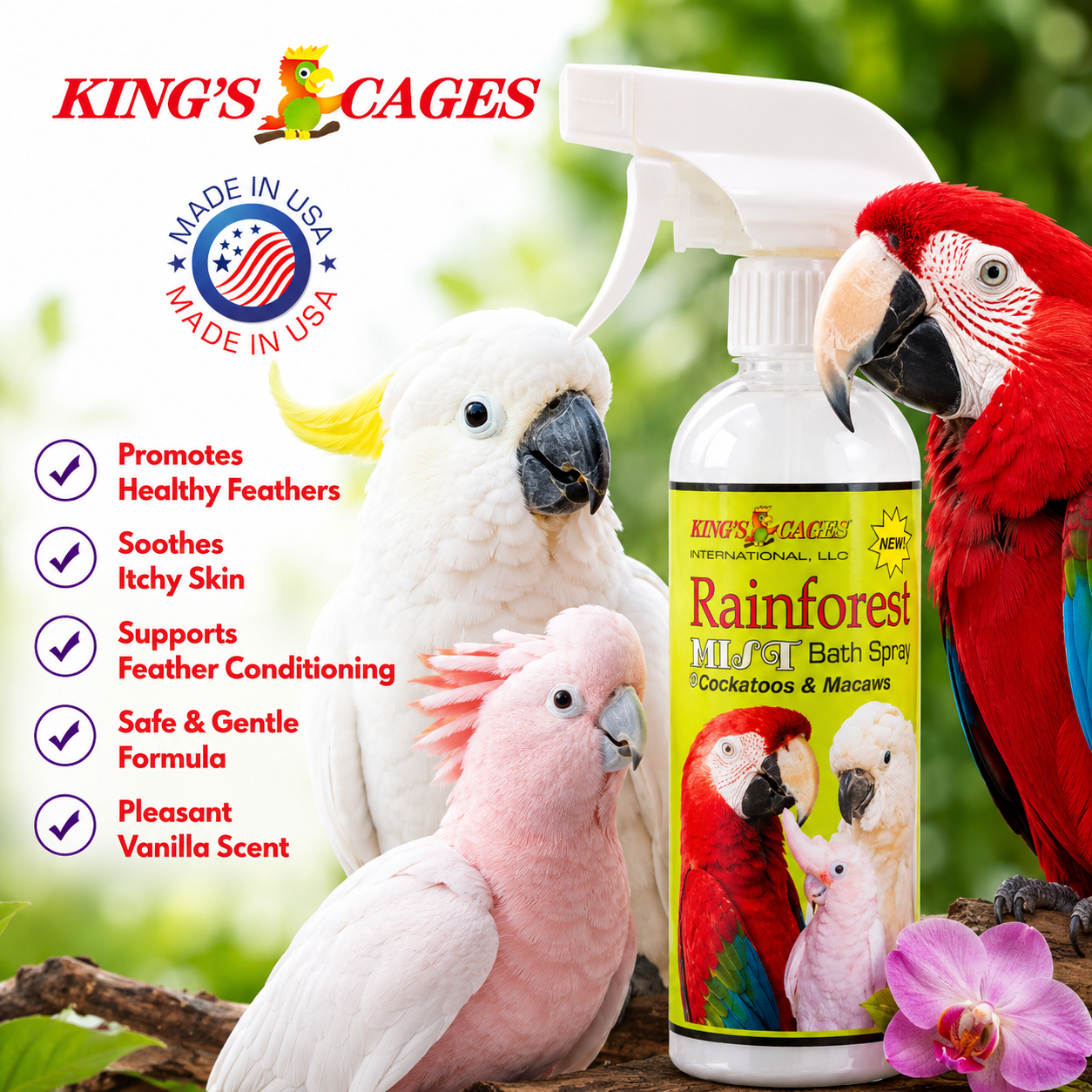 Rainforest Mist White 17oz Bath Spray Cockatoos and Macaws - Bonka Bird Toys