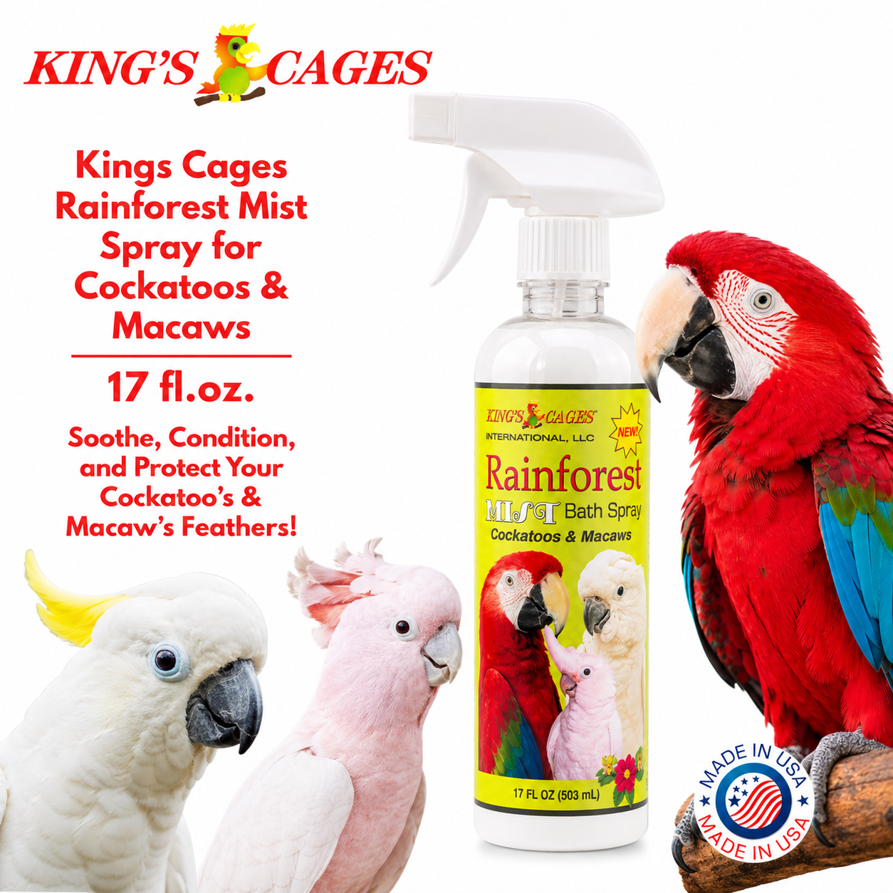 Rainforest Mist White 17oz Bath Spray Cockatoos and Macaws - Bonka Bird Toys
