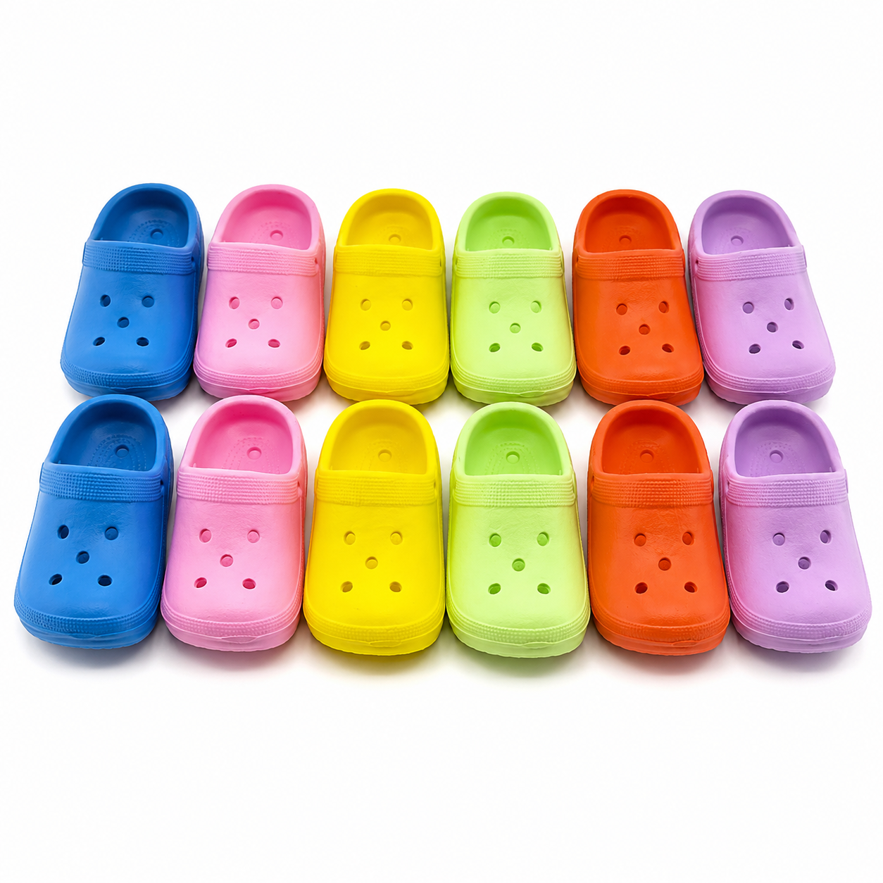 Colorful plastic bird toy clogs in blue, pink, yellow, green, orange, purple for parrot enrichment