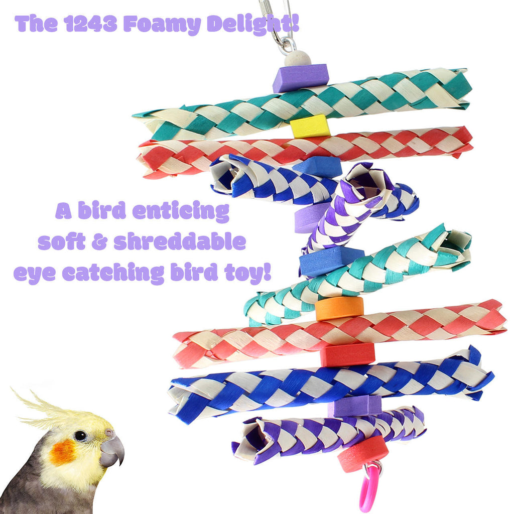 The 1243 Foamy Delight from Bonka Bird Toys is a shreddable and super bird appealing medium sized bird toy! This excellent bird toy has lots of bamboo finger traps.