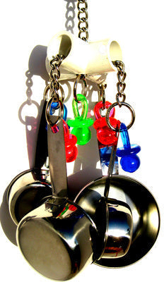 African Grey toy recommendations featuring colorful hanging toys and stainless steel measuring cups