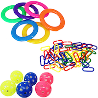Colorful bird toy parts including rings, balls, and clips for best selling bird toy parts.
