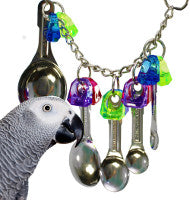 Stainless steel bird toy featuring colorful beads and measuring spoons, perfect for interactive play.