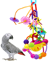 Colorful interactive bird toy with vibrant hanging elements and a gray parrot in the foreground.
