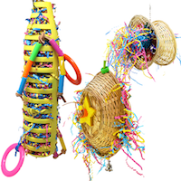 Colorful medium bird foraging toys featuring a woven basket and a vibrant climbing structure, best medium bird foraging toys.