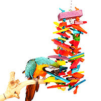 large durable wooden bird chew toy hanging with vibrant colors, ideal for chewing and playtime.