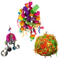 Colorful macaw bird toys including a cluster, a bell, and a ball for playful birds.
