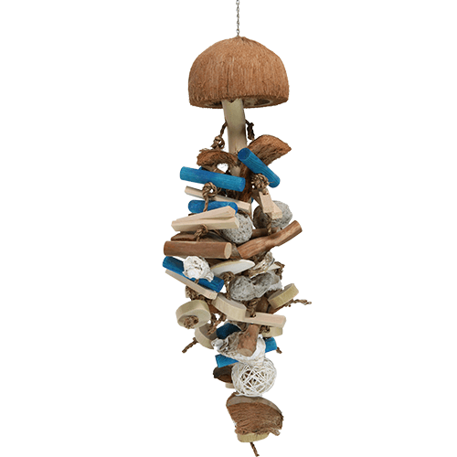 Colorful 3658 large tiki bird toy hanging, made of wood and natural materials for birds to enjoy.