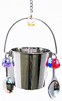 Durable bucket bird toy with colorful bells and a spoon attachment for birds to enjoy.