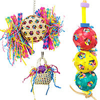 Colorful small medium foraging bird toys featuring woven materials and playful designs for engaging pet birds.
