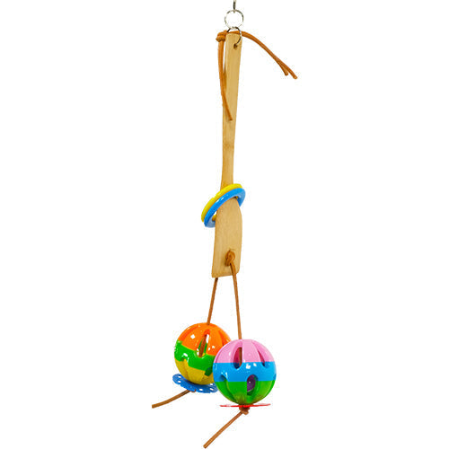 3668 Paddle Chew toy for birds with colorful hanging balls and wooden handle.
