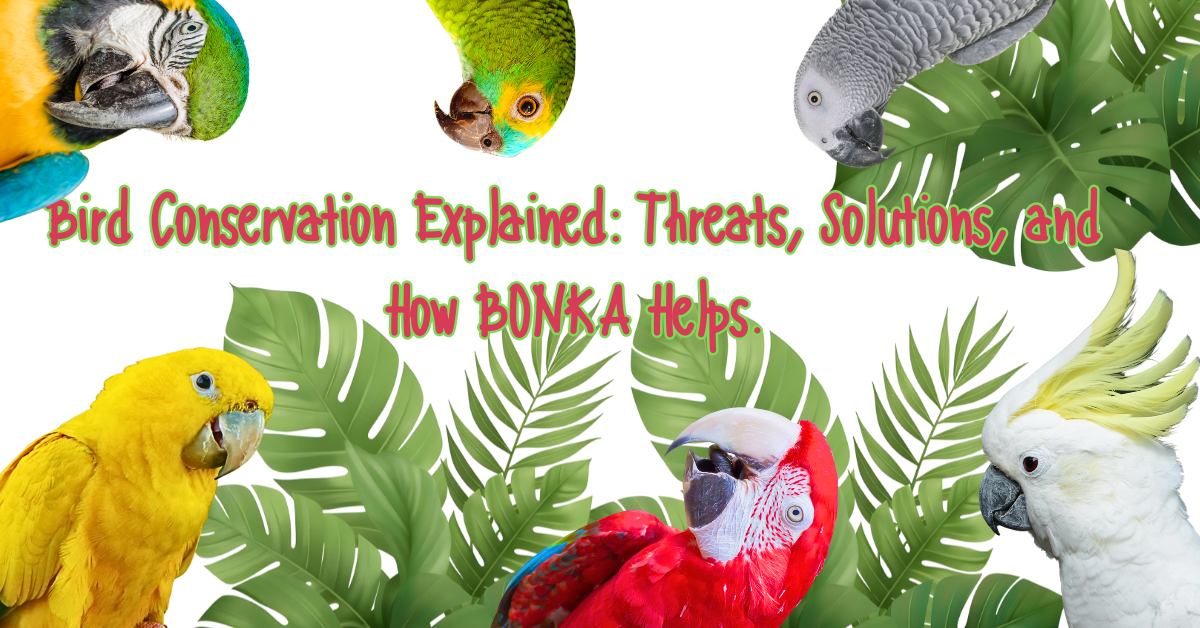 Colorful parrots with tropical leaves background and text, 'Bird Conservation Explained: Threats, Solutions, and How BONKA Helps'.