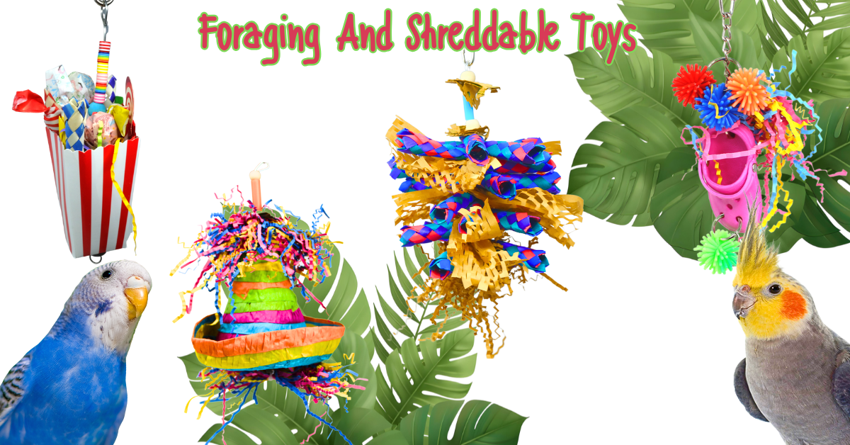 Foraging & Shreddable Bird Toys displayed among colorful tropical leaves and birds.