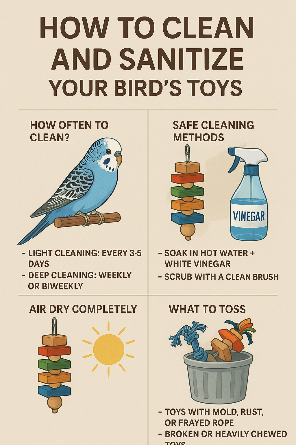 How to Clean and Sanitize Your Bird’s Toys Properly infographic with cleaning tips and methods.