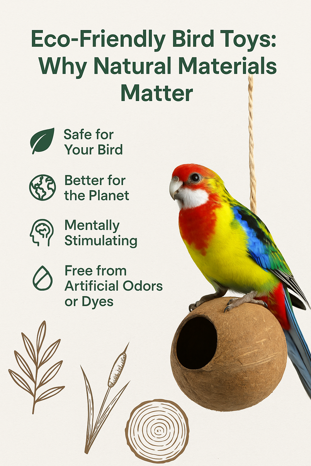 Eco-Friendly Bird Toys: Why Natural Materials Matter with a colorful parrot and natural materials illustrated.
