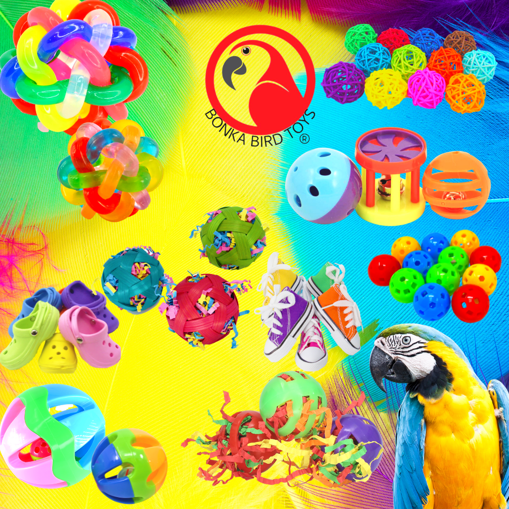 Assorted colorful bird toys from Bonka Bird Toys including chews, puzzles, and interactive play items.