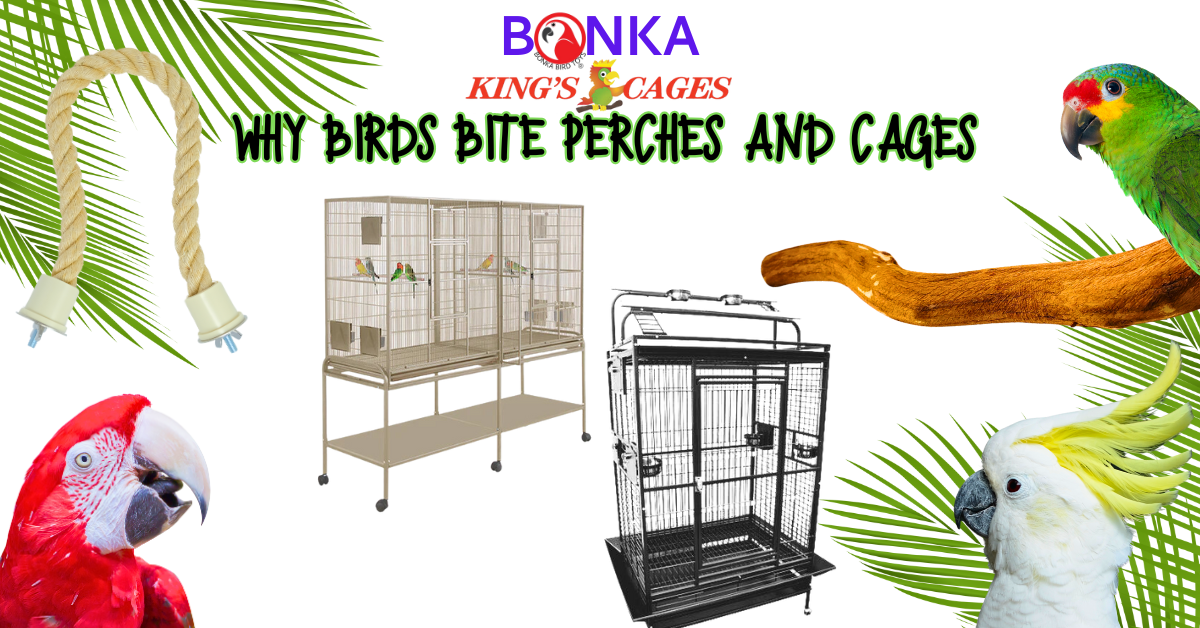 Why Birds Bite Their Perches or Cages with colorful birds, cages, and perches in a vibrant setting.