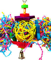 Colorful best selling bird toy Bonka featuring vibrant materials and a bell for birds.