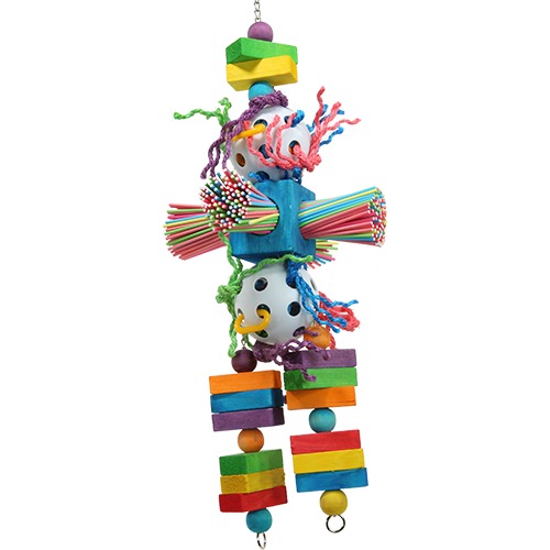 Huge Willy Sticky bird toy featuring colorful, vibrant hanging elements for bird play and mental stimulation.