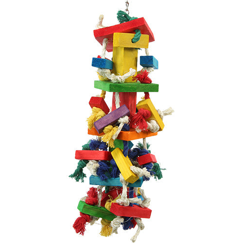 Colorful 3646 large block tower bird toy with wooden blocks and ropes for fun and enrichment.