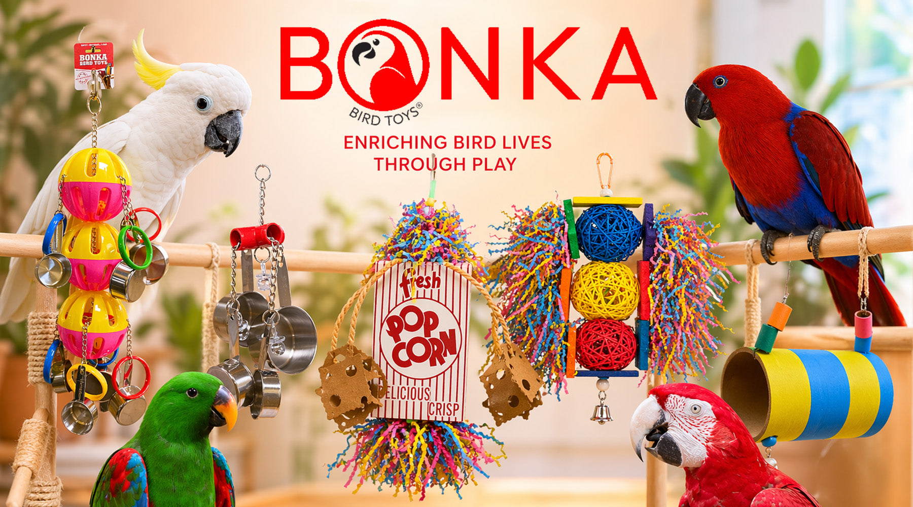 Best Bird Toys for Large Parrots displayed with colorful toys and happy parrots in a vibrant setting.