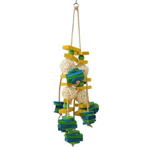 Colorful 3665 Chip Chewy bird toy hanging with natural materials for playful birds.